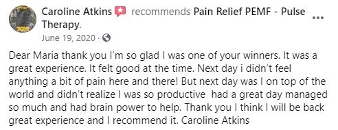 Testimonial for PEMF from Caroline Atkins from FaceBook